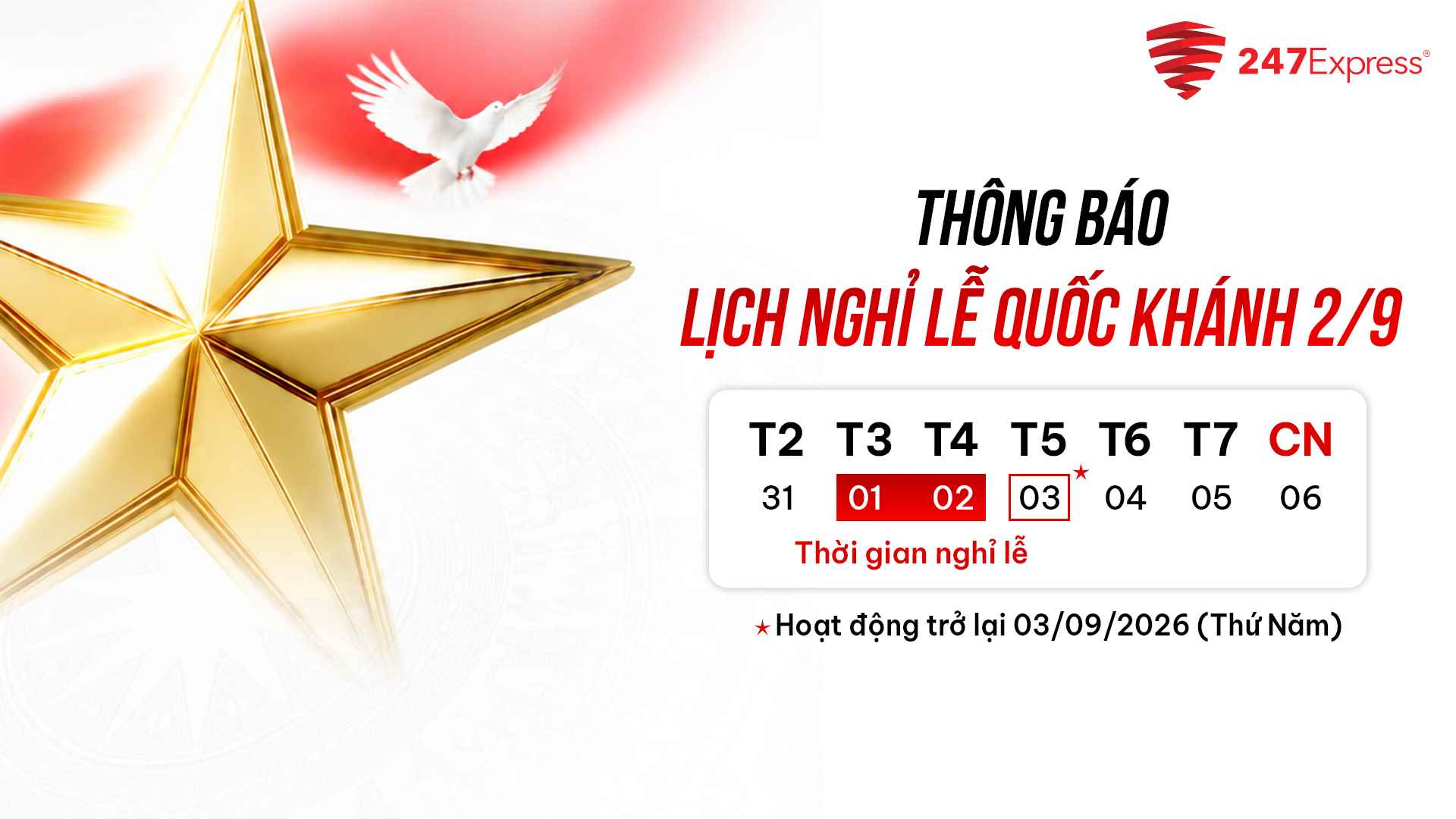 Thông báo: Lịch nghỉ lễ Quốc Khánh 2026